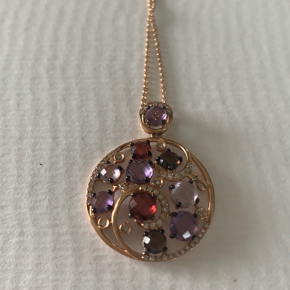 multi stone and diamond rose gold necklace.